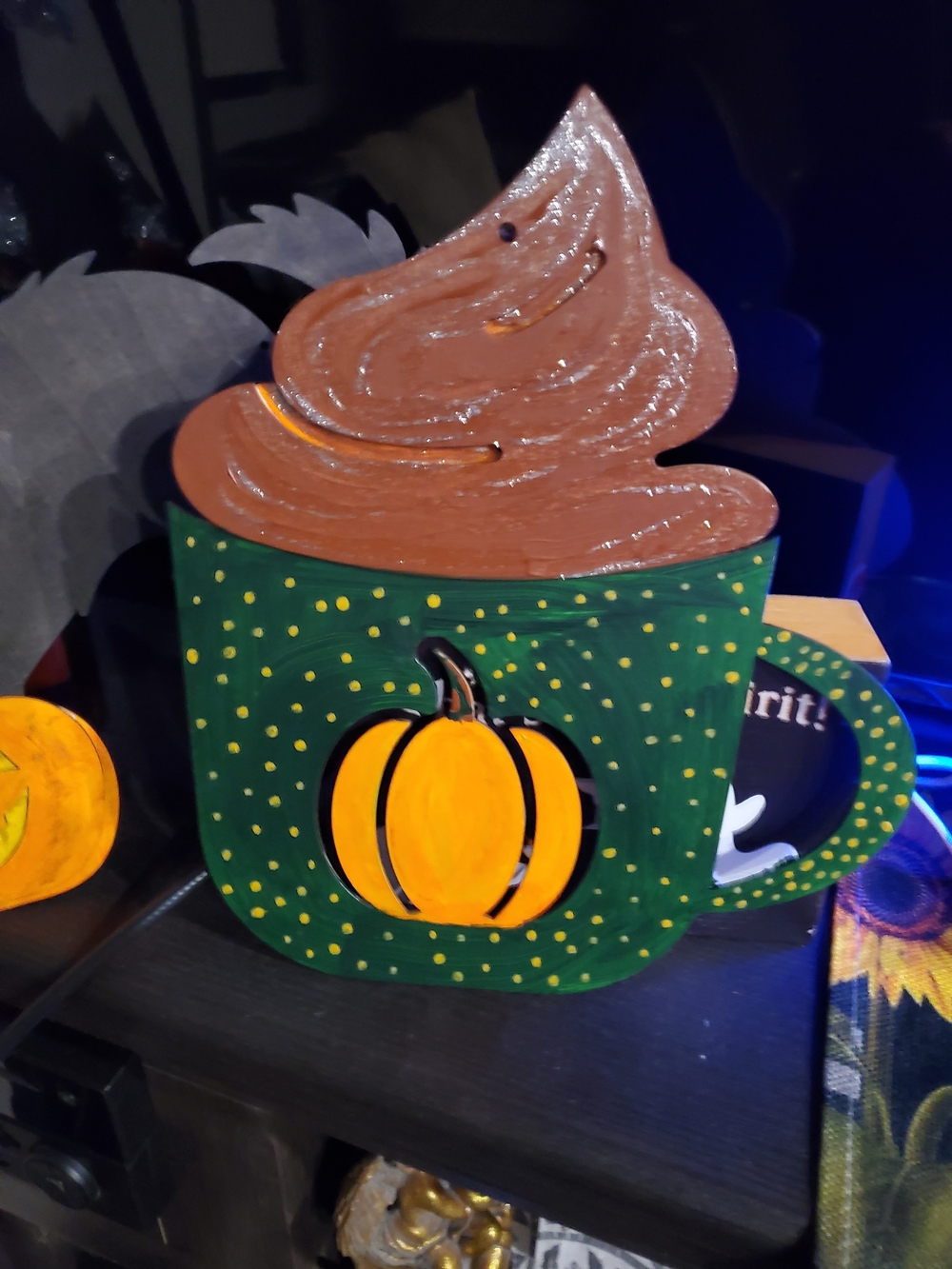 Handcrafted Green Pumpkin Mug Wood Décor with Brown Whipped Top